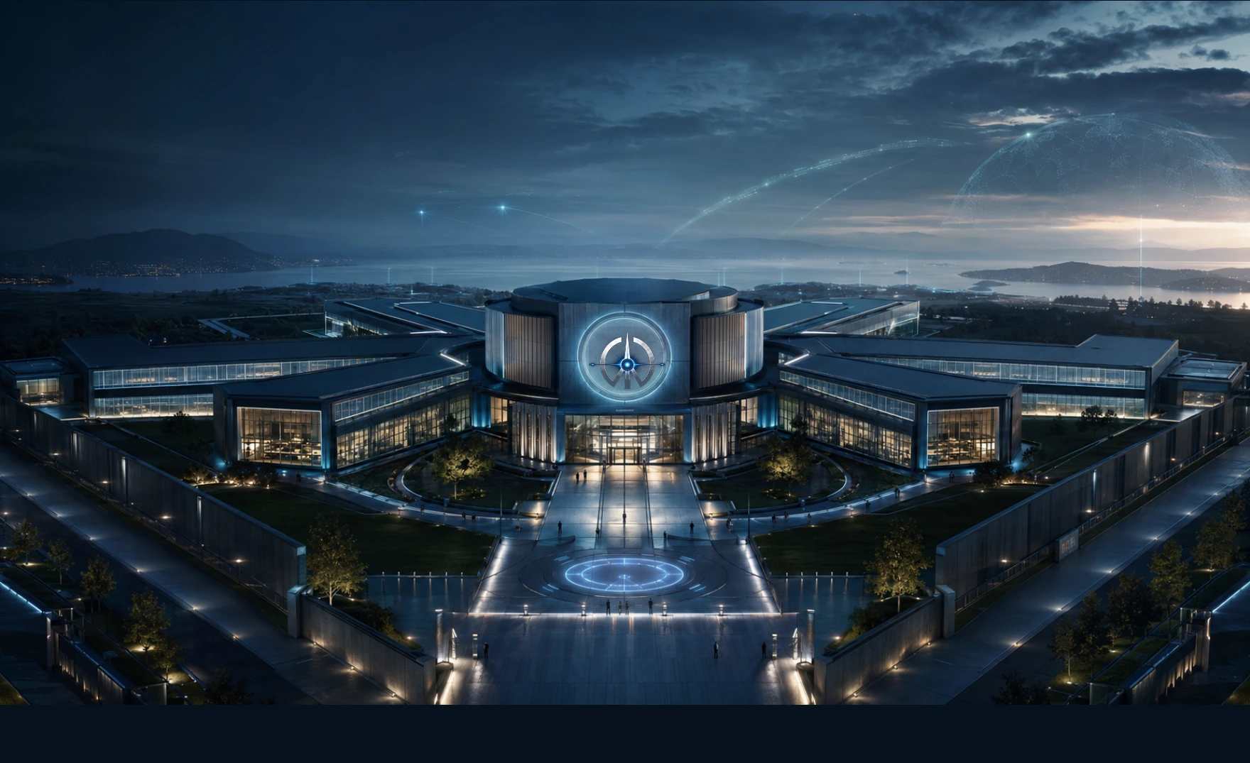 ZR Orion Institute digital campus with the Orion emblem illuminated at the center of the main institutional building